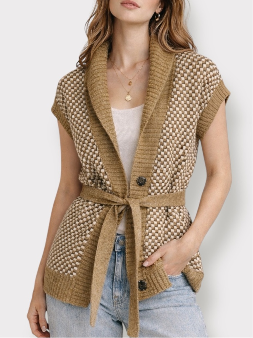 Esprit Y2K Short Sleeve Belted Cardigan Geometric Taupe Cream Black Size S